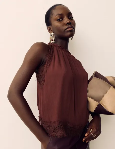 Per Una Lace Trim Halter Neck Top Raisin