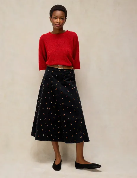 White Stuff Patterned Cotton Flared Midi Skirt Black Mix