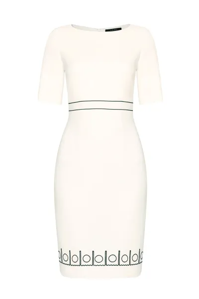 Ivory/Black Wool Faille Short Sleeved Dress with Waistband Detail - Anita