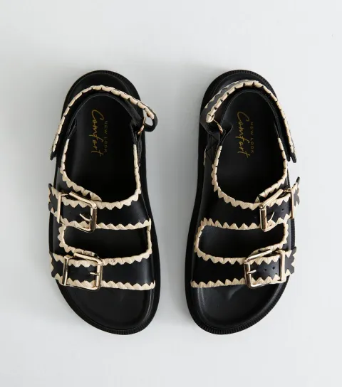 Women's Black Whipstitched Faux Leather Sandals Vegan