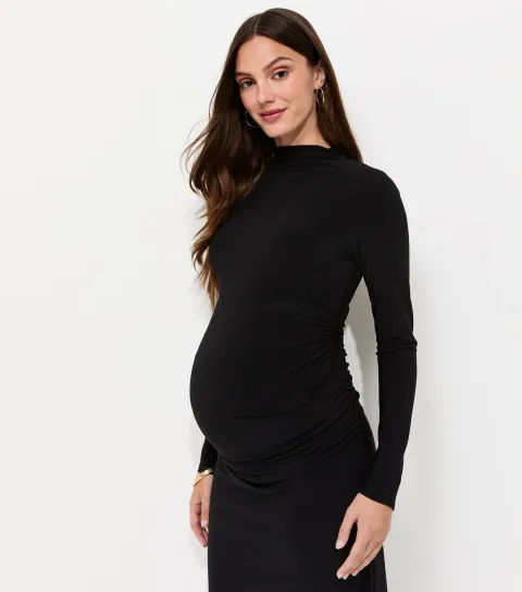Women's Maternity Black Long Sleeve High Neck Ruched Midi Dress