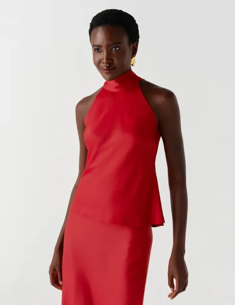 Ghost Satin Crepe High Neck Keyhole Top Red