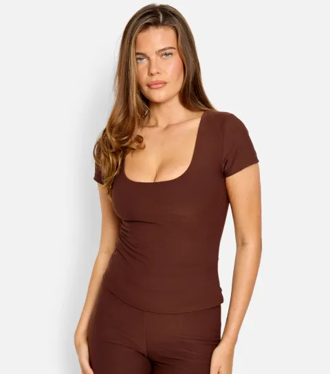 Public Desire Women's Dark Brown Scoop Neck Fitted Top