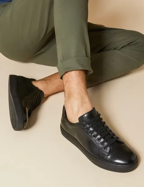 Jones Bootmaker Leather Lace Up Trainers Black/Black
