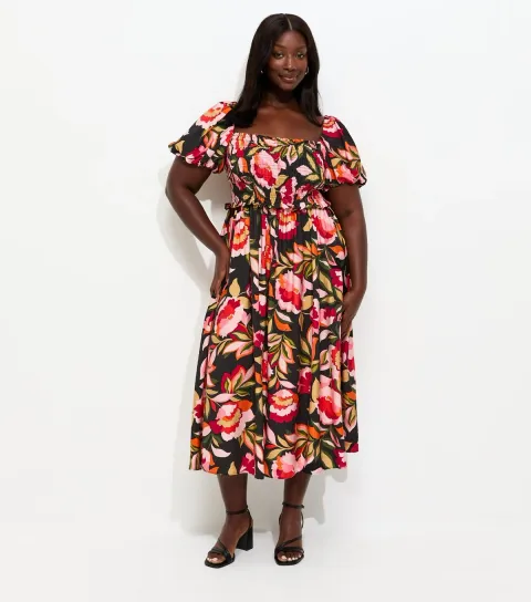 Women's Plus Size Black Floral Print Milkmaid Midi Dress Curves