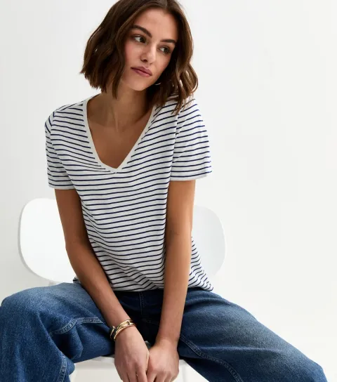 Women's Cream Striped V Neck T-Shirt