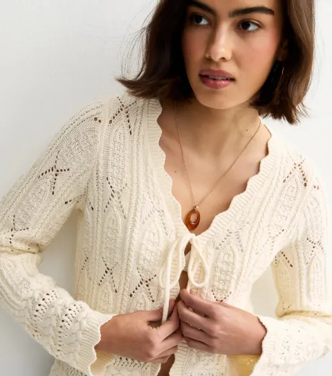 Women's Cream Cotton Rich Crochet Tie Front Cardigan