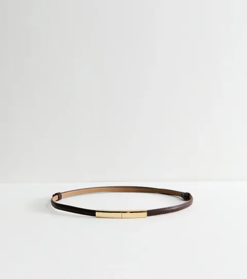 Dark Brown Faux Leather Bar Trim Skinny Belt
