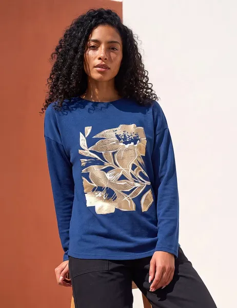 Roman Foil Print Regular Fit Top Dark Navy