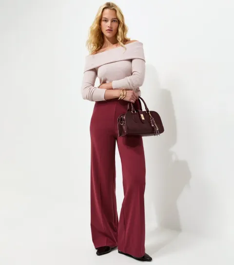 Women's Tall Dark Burgundy Jersey Wide Leg Trousers