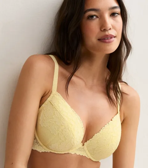 New Look Women's Light Yellow DD+Floral Lace Plunge Bra