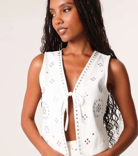 Women's White Sequin Embellished Waistcoat