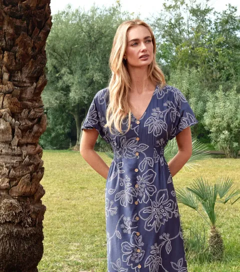Women's Blue Floral Button Front Midi Dress