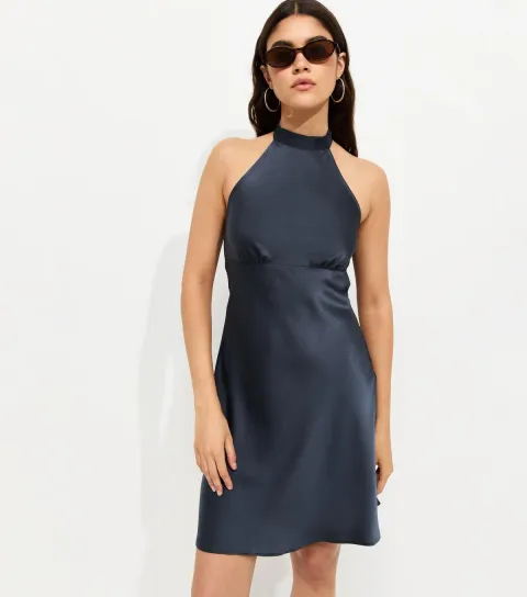 Women's Navy Satin Halter Neck Mini Dress