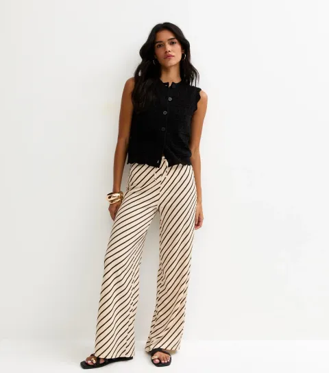 New Look Women's Black Striped Crinkled Wide Leg Trousers