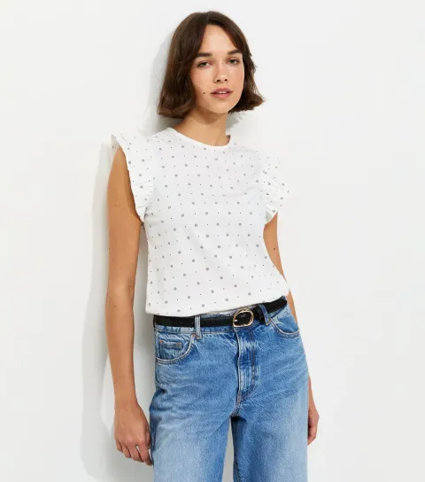 Women's White Cotton Daisy Print Ruffled Sleeve T-Shirt