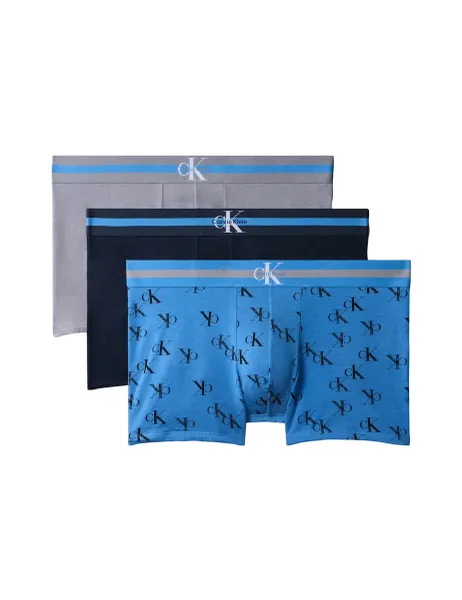 Calvin Klein 3 Pack Cotton Rich Graphic Monogram Trunks Blue Mix