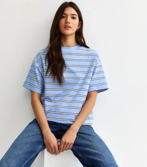 New Look Women's Blue Cotton Striped Oversized T-Shirt