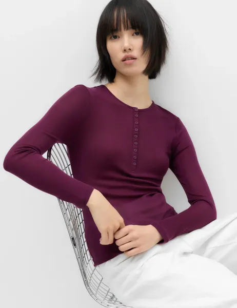 Marks & Spencer Wool Touch Layering Slim Henley Top Dark Mulberry