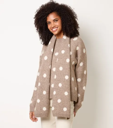 Blue Vanilla Women's Light Brown Polka Dot Knitted Jumper with Scarf