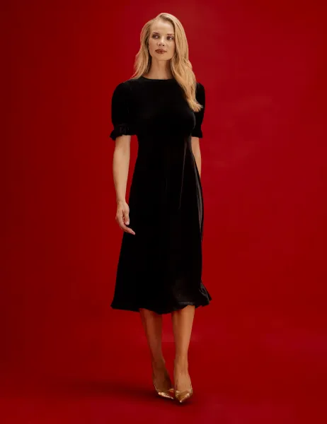 Finery London Velvet Round Neck Midi Tea Dress Black