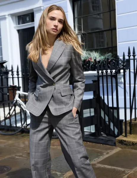 Pure Wool Relaxed Check Cinched Waist Blazer Grey