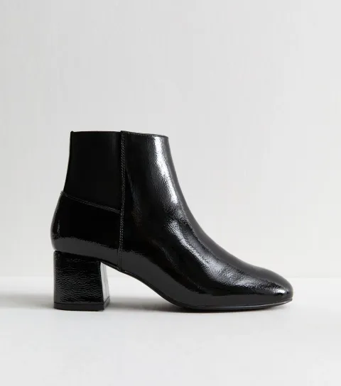 Women's Black Textured Faux Leather Patent Ankle Boots Vegan