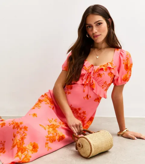 Women's Petite Pink Floral Print Milkmaid Ruffle Trim Midi Dress
