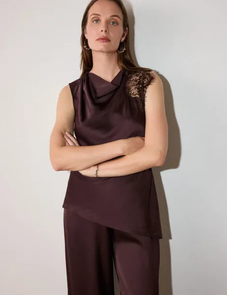 Whistles Satin Lace Asymmetric Top Chocolate