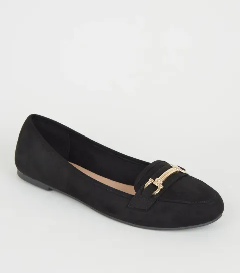 Women's Black Suedette Metal Bar Front Loafers Vegan