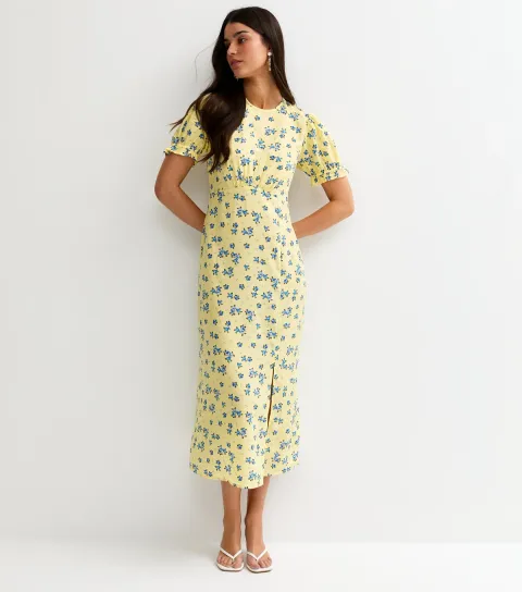 Women's Yellow Floral Short Sleeve Midi Dress