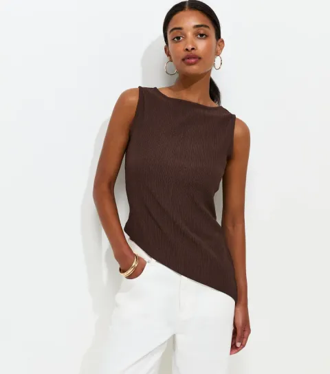 Women's Dark Brown Crinkle Texture Asymmetric Hem Tank Top