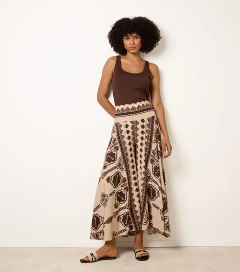 Women's Brown Paisley Deep Waist Flow Trousers
