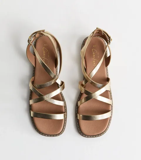 Women's Gold Faux Leather Multi Strap Flat Sandals Vegan