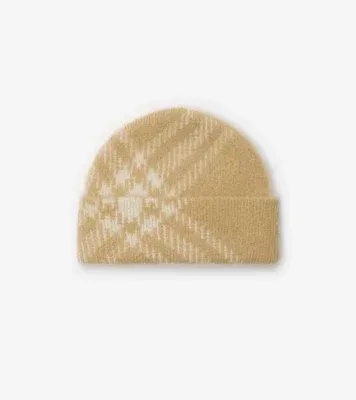 Check Mohair Wool Blend Beanie in Sand beige