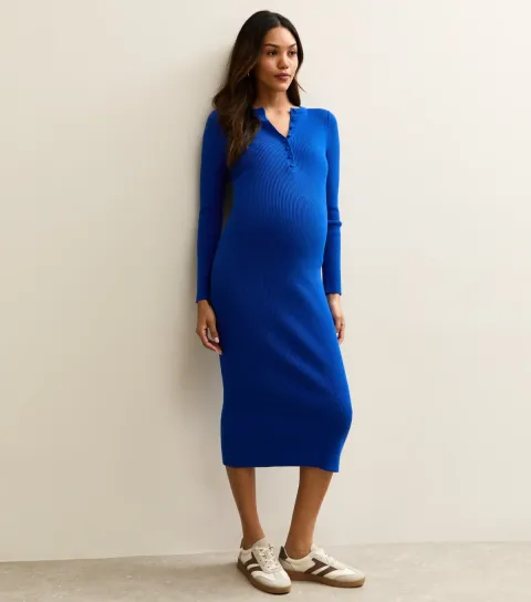 New Look Women's Maternity Black Ribbed Henley Midi Dress