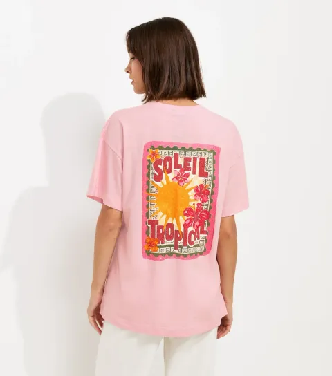 Women's Light Pink Soleil Tropical Stamp Print Oversized T-Shirt