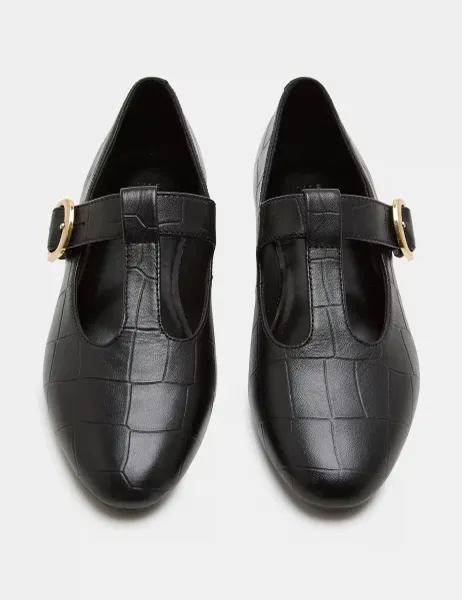 Marks & Spencer Leather Croc T-Bar Flat Mary Jane Ballet Pumps