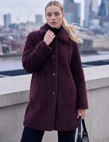 Roman Petite Faux Shearling Single Breasted Coat Burgundy Mix