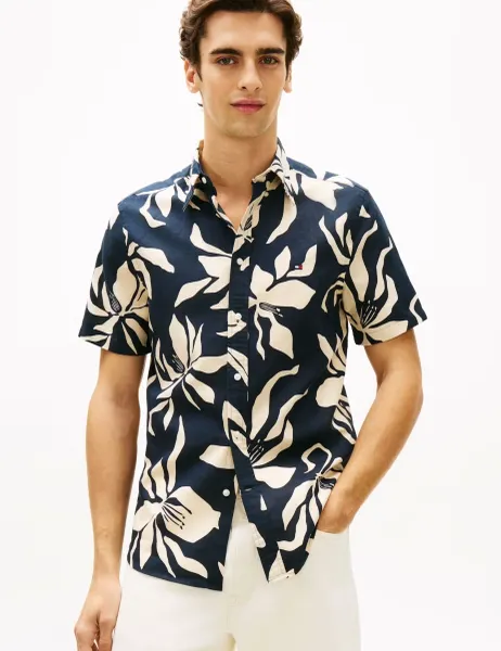 Tommy Hilfiger Regular Fit Linen Blend Floral Shirt Navy Mix