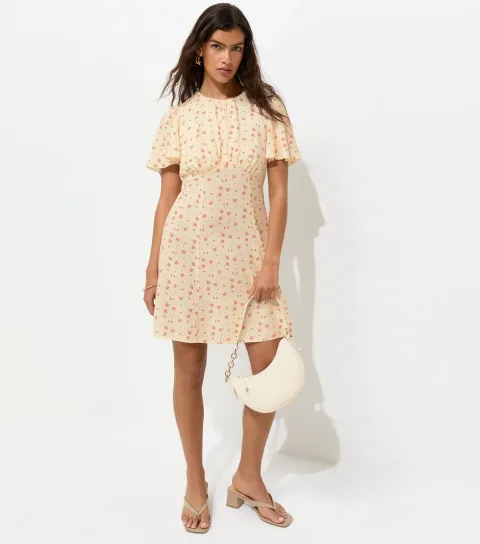 Women's Cream Woven Ditsy Print Flutter Sleeve Mini Dress