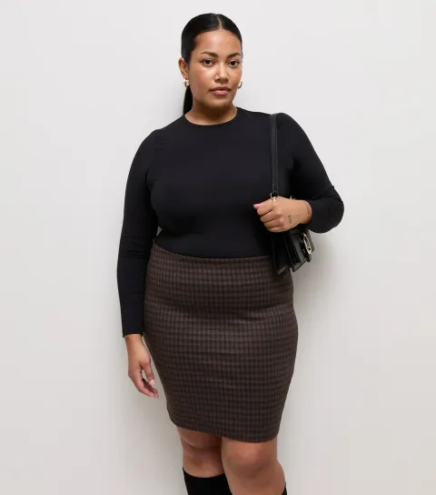 Women's Plus Size Brown Checked Jersey Jacquard Tube Skirt Curves