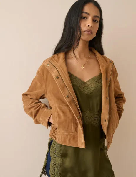 Nobody's Child Suede Funnel Neck Bomber Jacket Brown