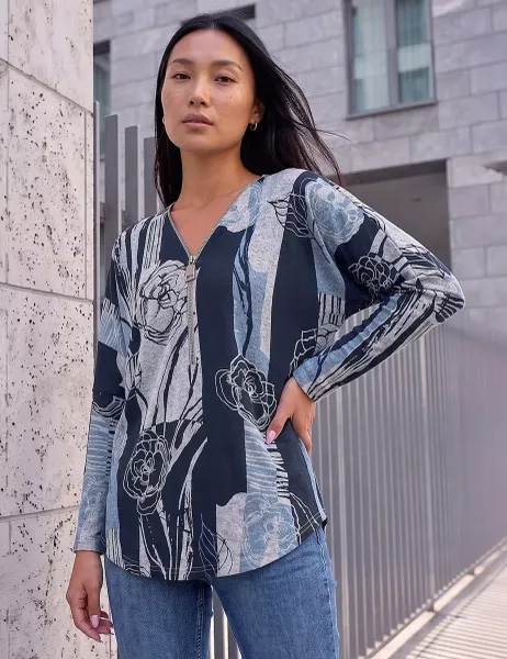 Roman Floral Regular Fit Zip Up Top Blue