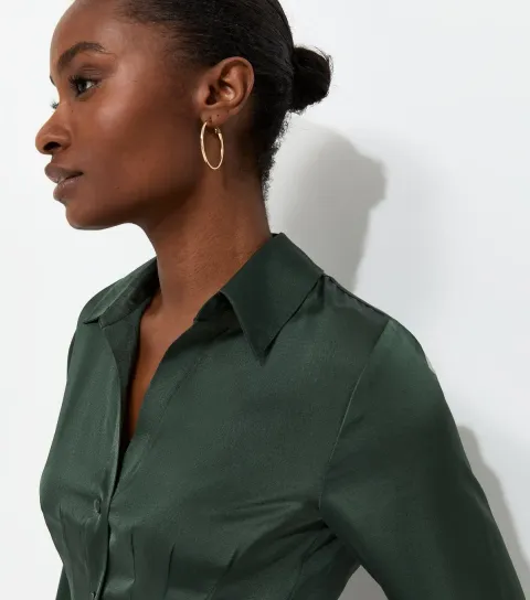 Women's Dark Green Satin Pleated Waist Shirt