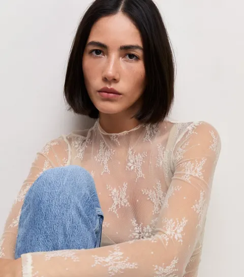 New Look Women's Off White Sheer Floral Lace Long Sleeve Top