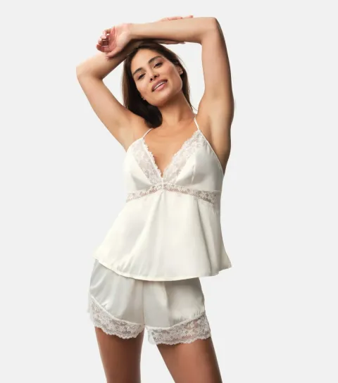 Women's Off White Lace Trimmed Satin Cami Top