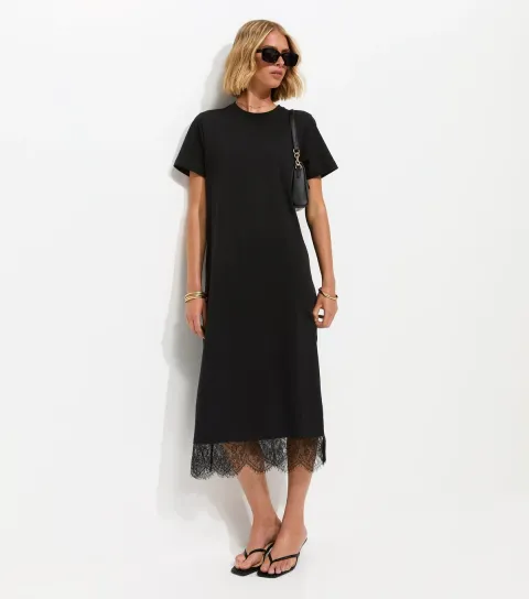 Women's Black Lace Hem T-Shirt Midi Dress
