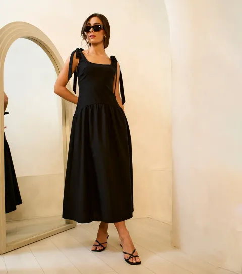 Women's Black Linen Mix Waist Midi Dress