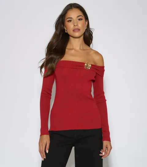 Women's Dark Red Bardot Button Detail Top